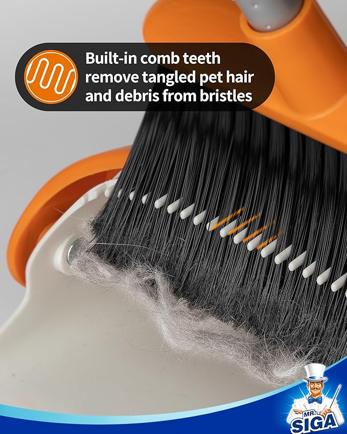 MR.SIGA Broom and Dustpan Set with Long Handle, Stand Upright Broom with Dustpan Combo for Cleaning Office, Garage, Lobby, Lightweight Sweeping Set, 51.7"(131 cm) Long Handle, White & Orange