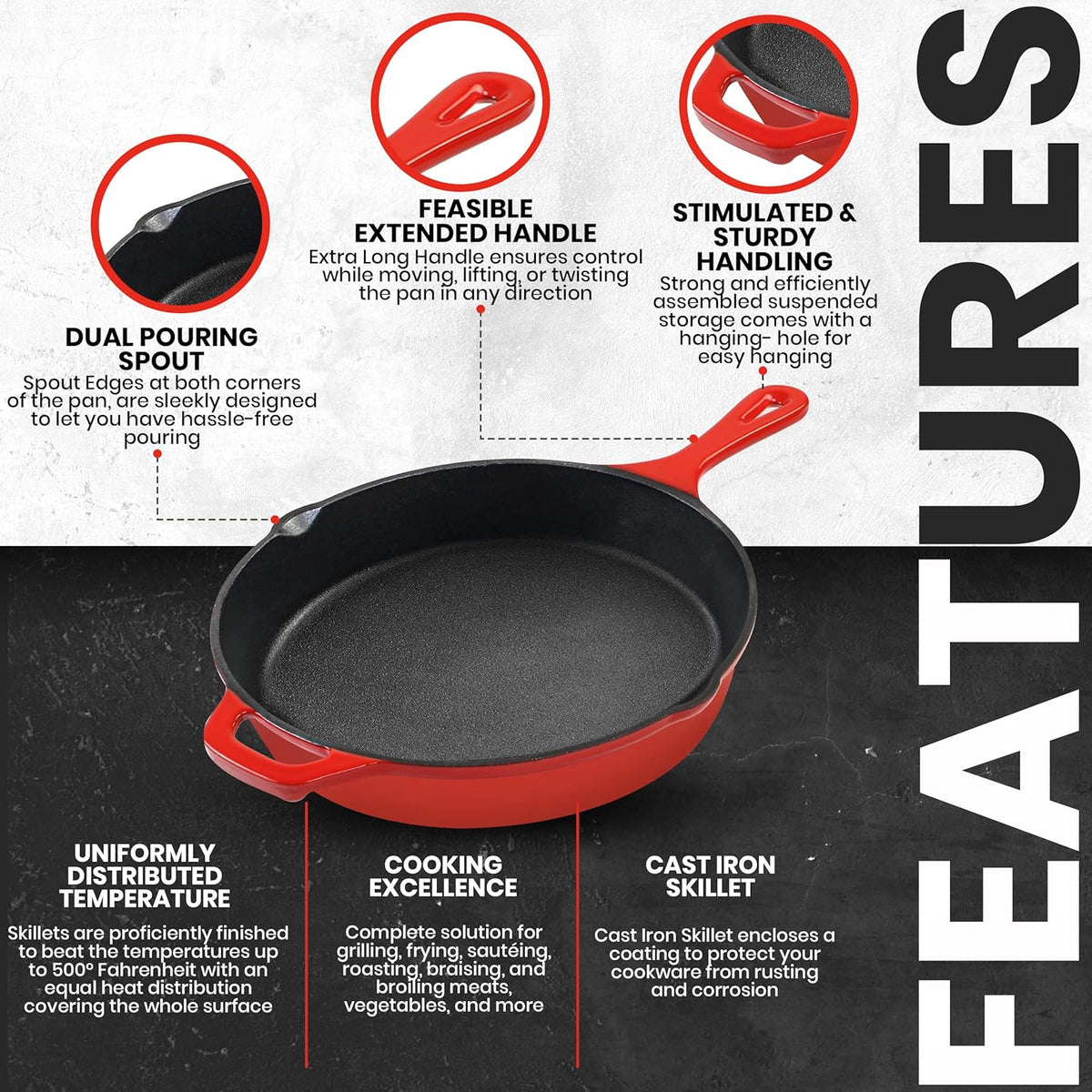Utopia Kitchen Cast Iron Frying Pan 6.5 Inch, Cast Iron Chefs Pan, Pre Seasoned Skillet, Safe Grill Cookware for Indoor & Outdoor Use, Red