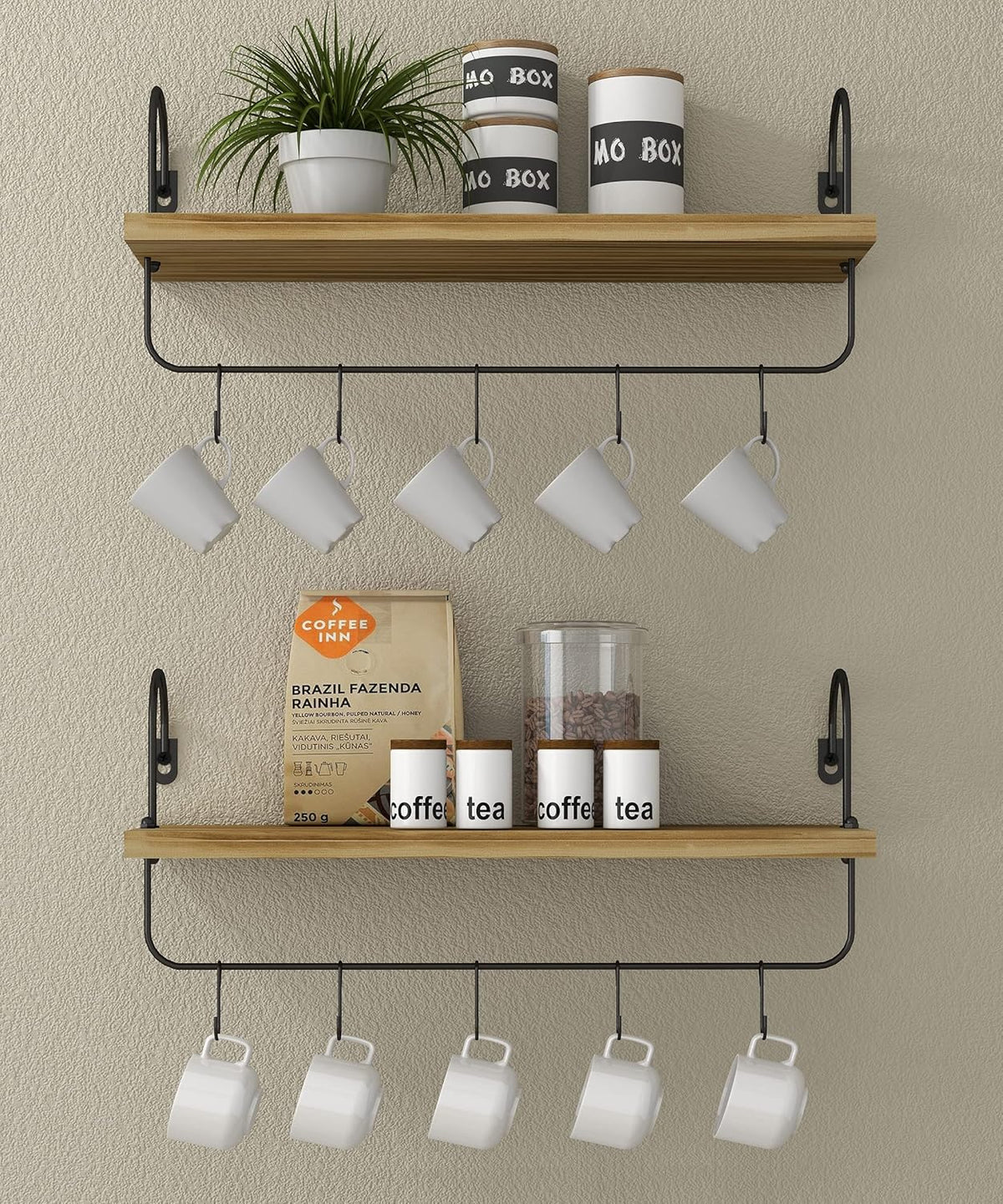 Floating Shelves with Hooks, Wall Mount Mug Holder Coffee Bar Accessories Wood Kitchen Organizer Storage with Towel Rack for Bathroom Set of 2