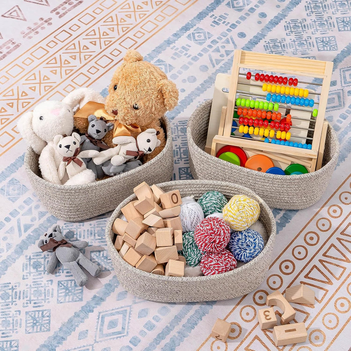 CubesLand Rectangle Organization/Storage Basket, Natural Cotton Rope Woven Baskets for Organizing, Small Basket for Kids, Baby Nursery, Cat Dog Toy Baskets, Organizer Bins for Shelves 3Pc Light Brown
