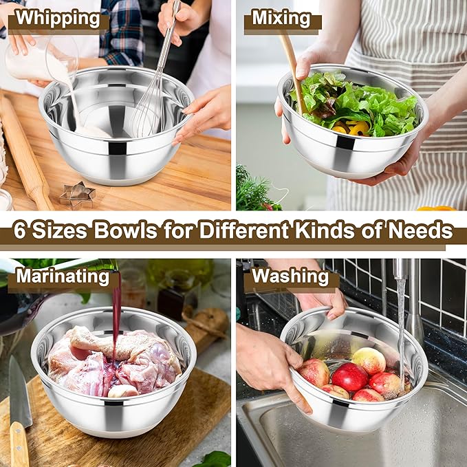 TeamFar Mixing Bowls, 6 PCS Stainless Steel Nesting Salad Bowl with Lids & 3 Graters, For Kitchen Cooking Serving Prepping, Airtight & Non-Slip, Size 4.6/3.5/2/1.5/1/0.7 QT, Khaki
