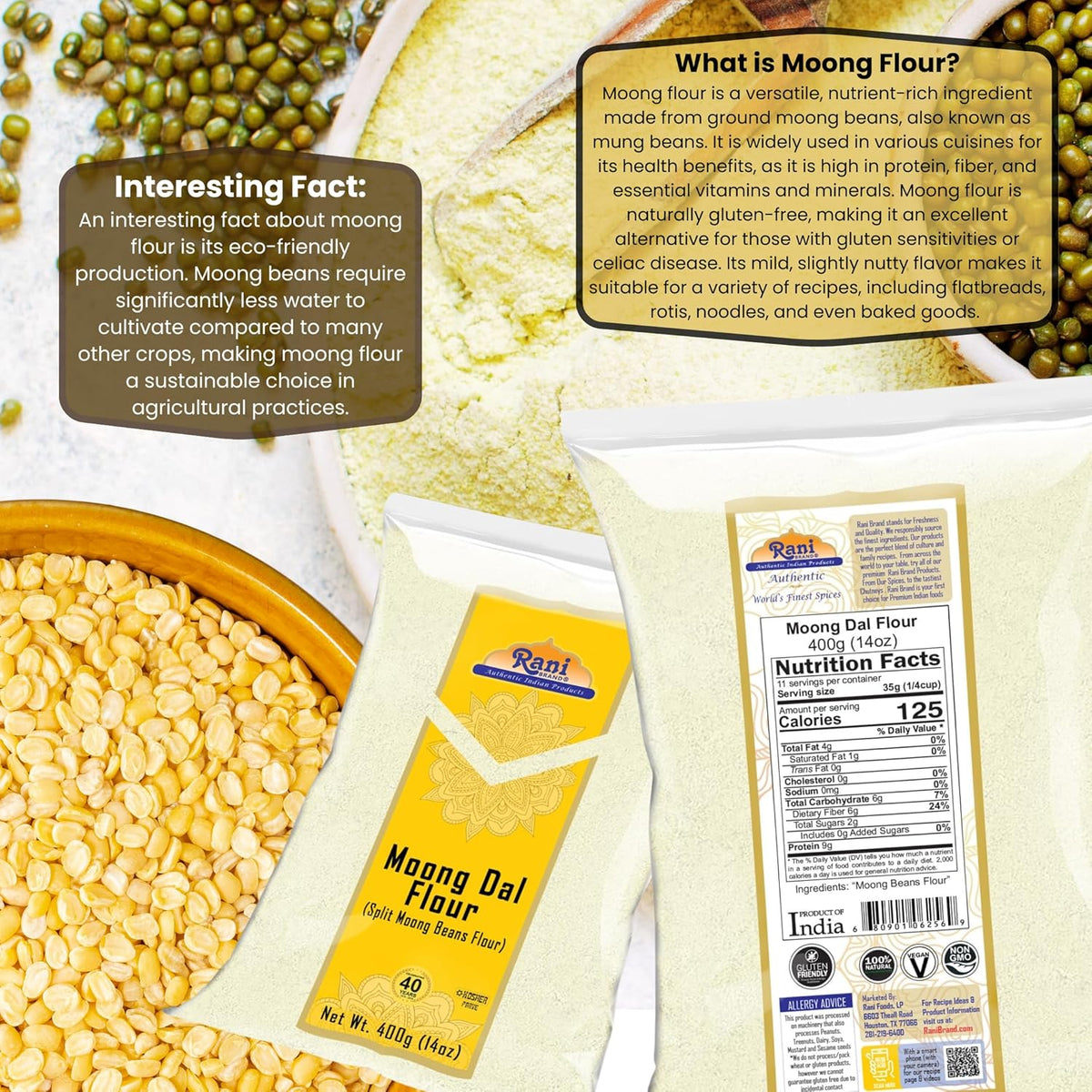 Rani Moong Flour (Mung Bean Flour, Green Gram Flour) 14oz (400g) ~ All Natural | Vegan | Gluten Friendly | NON-GMO | Kosher | Indian Origin