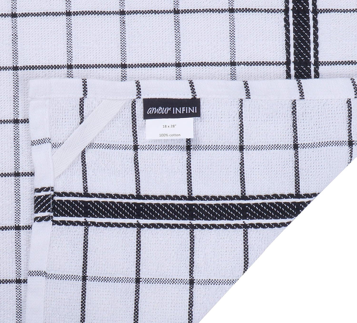 AMOUR INFINI Terry Cotton Kitchen Towels 4-Pack - Large 18 x 28 Inch, Absorbent & Soft Dish Towel with Hanging Loop, Washable Ideal for Cleaning, Drying (Black)