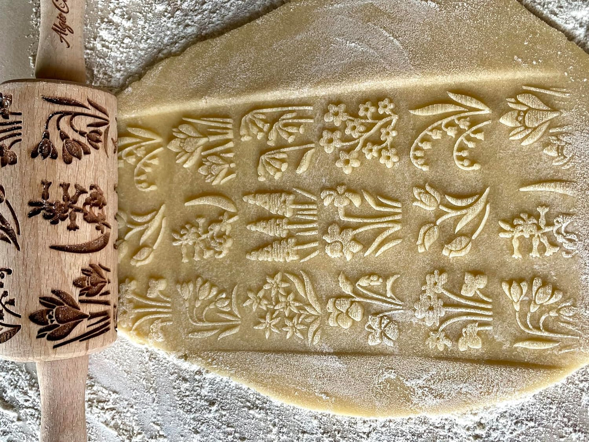 SEASONS 3 Mini Embossed Rolling Pin Set. Wooden Laser Cut Mini Rolling Pins for cookies or clay with spring flowers, tulips, daffodils, strawberries, raspberries, birch, trees by Algis Crafts
