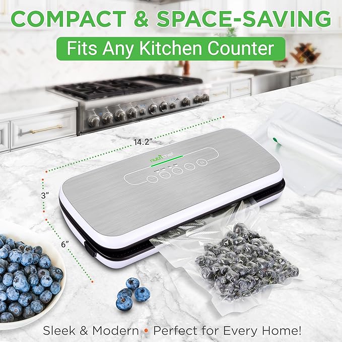 NutriChef Vacuum Sealer For Food - Automatic Air Sealing Machine for Dry & Moist Foods, LED Touch Controls, Includes Vacuum Bags, Hose & Wine Stopper, High Suction Power
