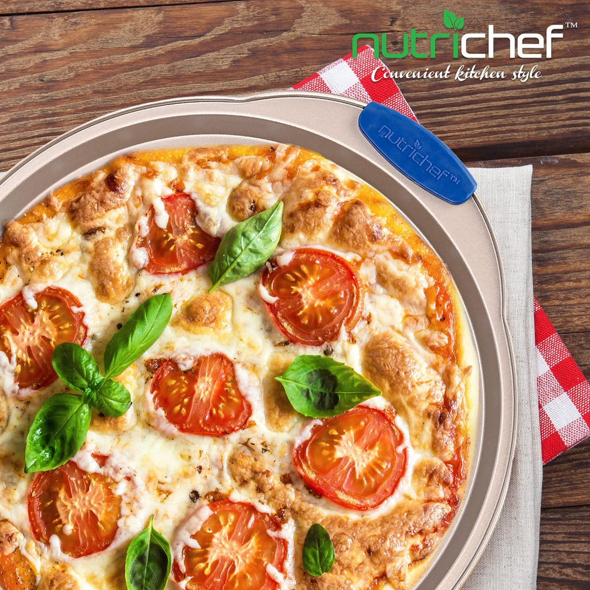NutriChef 13-Inch Non-Stick Pizza Tray - with Silicone Handle, Round Steel Non-stick Pan with Perforated Holes, Premium Bakeware, Pizza Tray with Extended Handles, Dishwasher Safe - Champagne Gold