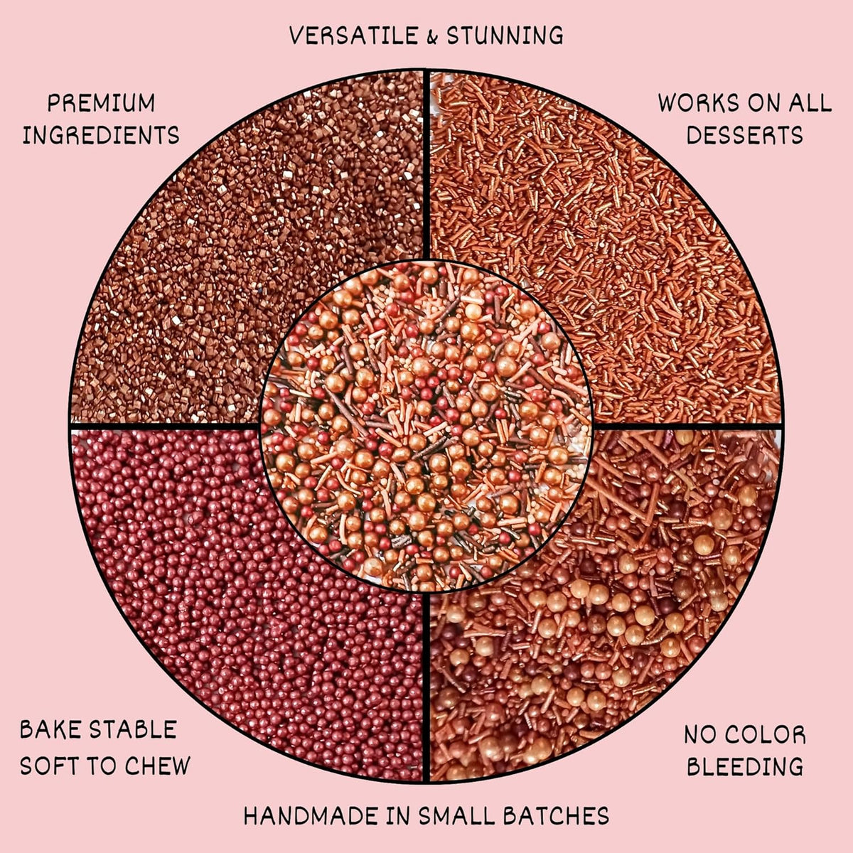 Confect Metallic Sprinkles Mix –Edible Pearl Dragees in Copper, Bronze & Rose Gold – Jimmies & Sparkling Sugar – Elegant Sprinkles for Cake & Cupcake Decorating- Vegan, Gluten-Free, Nut-Free, Soy-Free, Dairy-Free, Palm Oil-Free- 5 Oz
