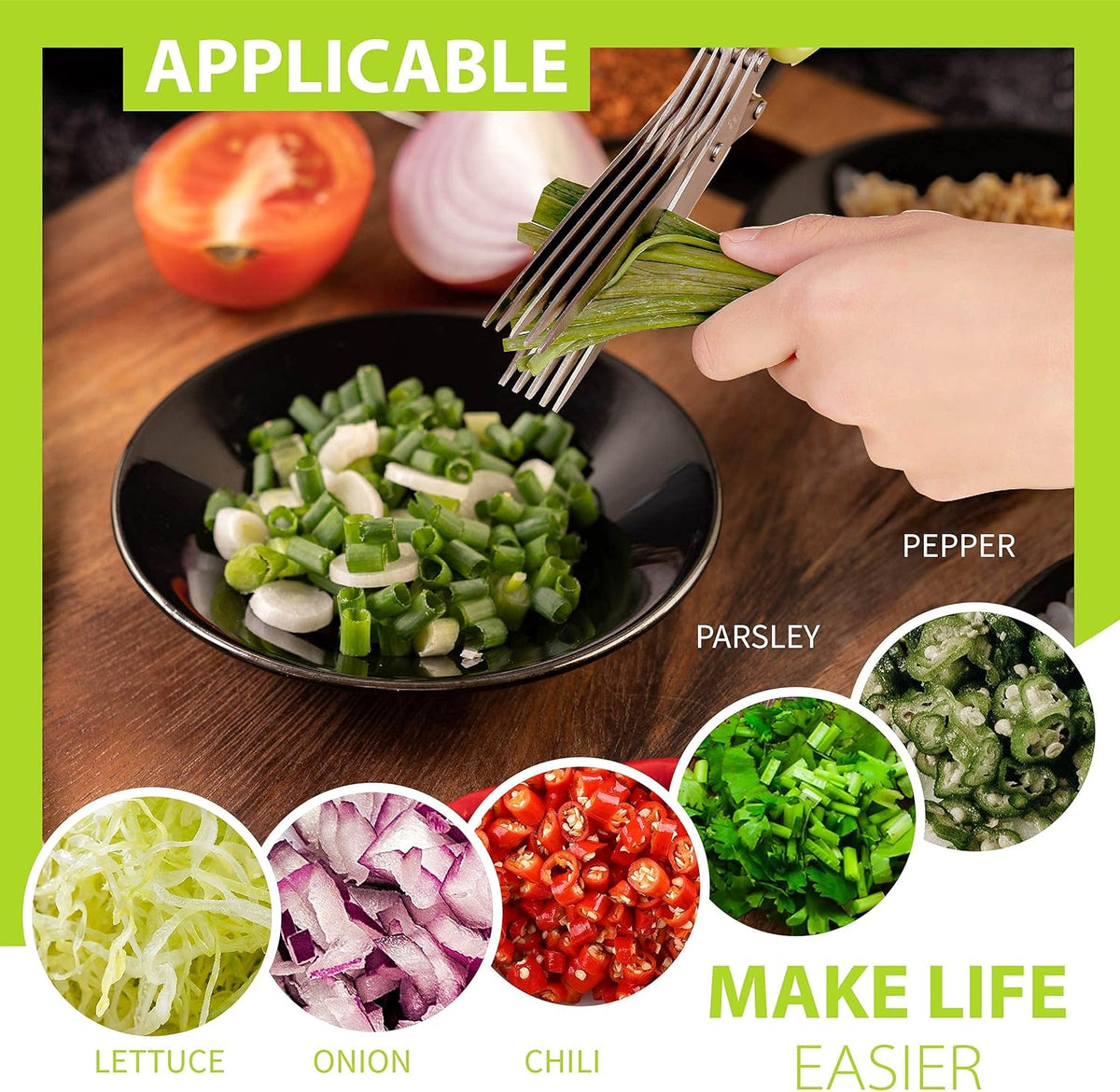 2-Pack Herb Scissors Set with 5 Blades & 3 Blades, Green Stainless Steel Kitchen Shears for Herbs, Veggies, Paper Shredding, with Cleaning Comb & Cover