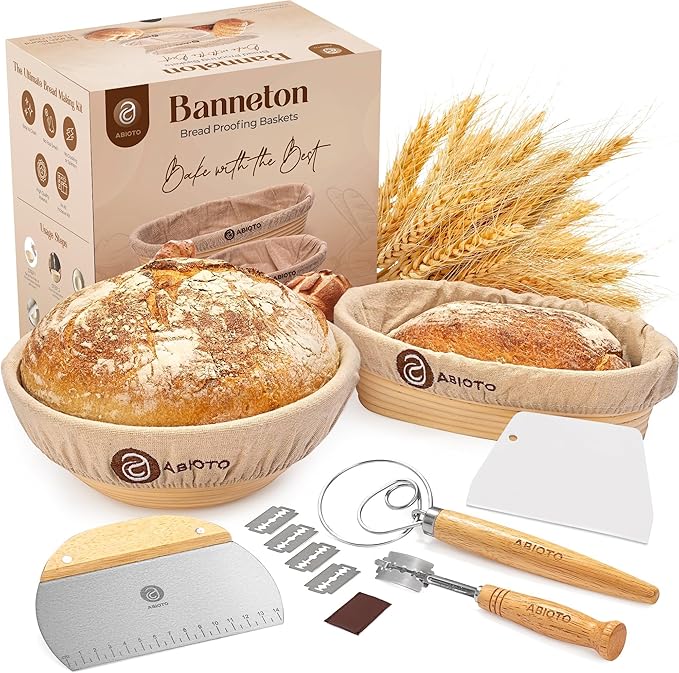 Sourdough Kit with Professional Bread Making Tools - Complete Sourdough Bread Making Kit with 10" Round & 11" Oval Handcrafted Bannetons, Bread Lame, Danish Whisk, Bowl & Dough Scrapers (14-Piece Kit)
