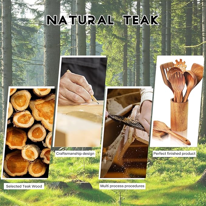 Teak Wooden Spoons for Cooking - 9 Pcs Comfort Grip Kitchen Utensil Set with Holder & Rest