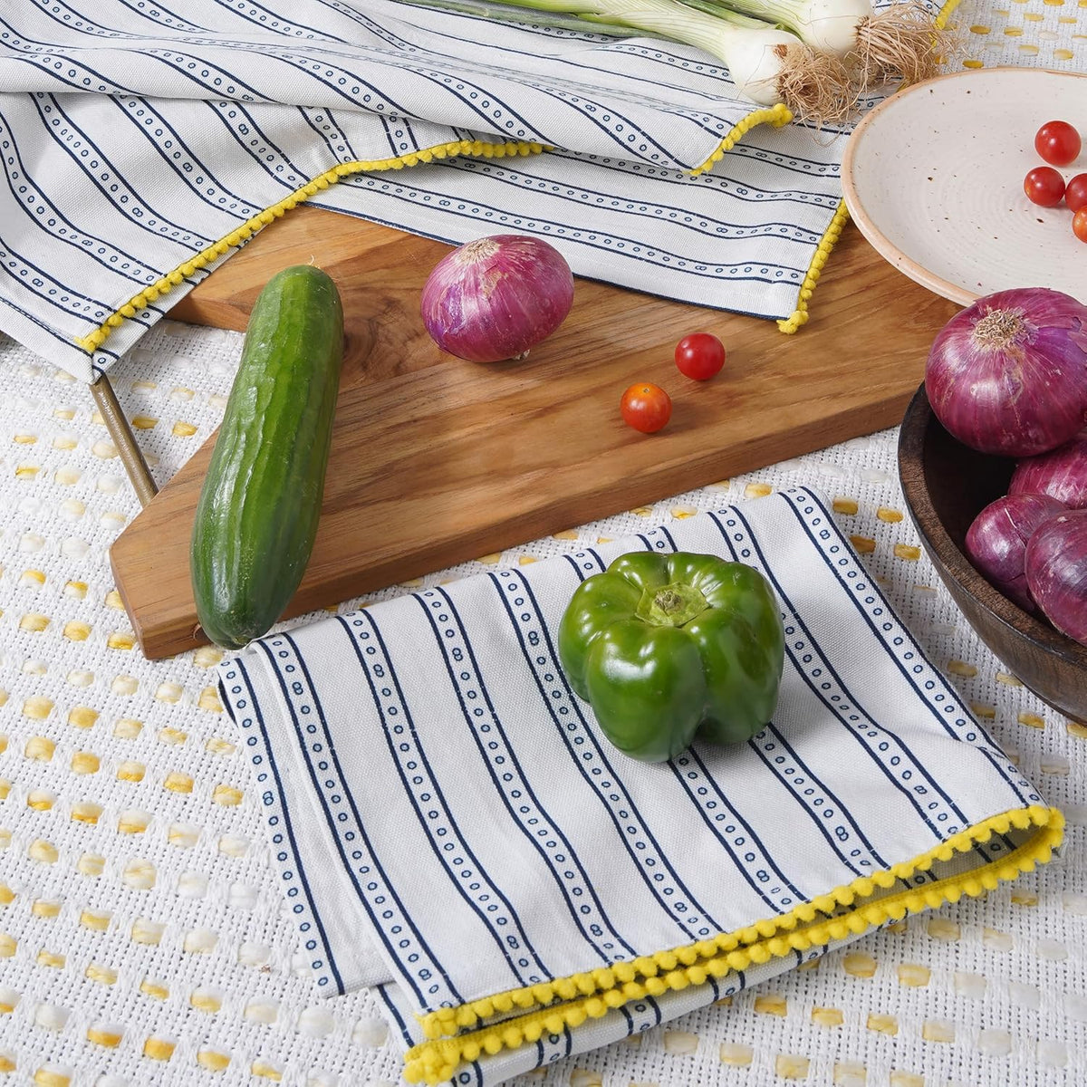 Printed Kitchen Dish Bar and Tea Towels Cotton, 18x28 inch with Trims, Cotton Dish Towel Sets (Blue Stripes, Set of 6)