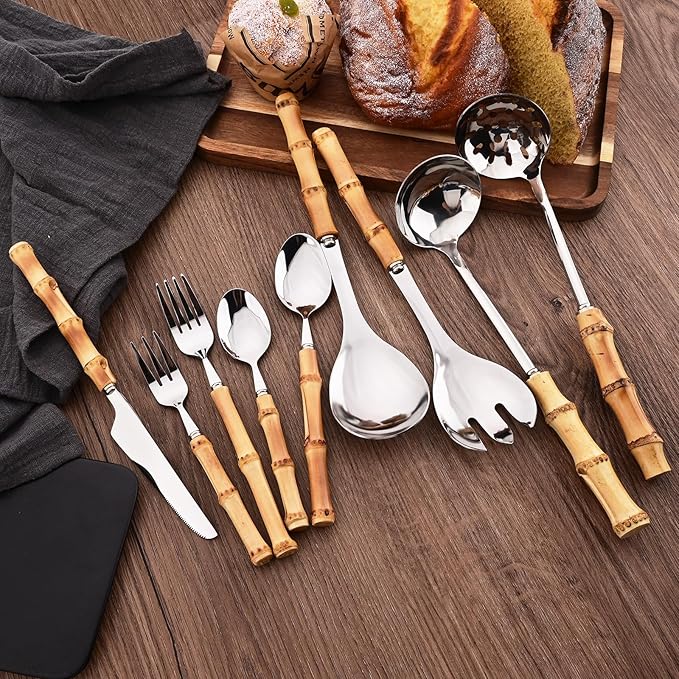 50PCS Silverware Set for 10, Bamboo Handle Flatware Set, Stainless Steel Cutlery Set for Home Restaurant and Party, Bamboo Forks Spoons and Knives Set, Polished Tableware