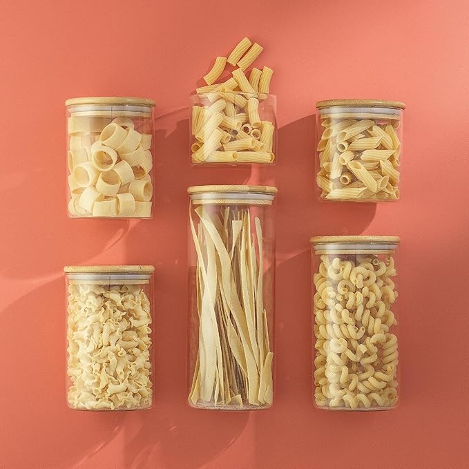 JoyJolt Borosilicate Glass Jars With Bamboo Lids. 6 Pc Set of Air Tight Sealable Containers. Food Jar Canisters with Airtight Lid for Pantry Storage and Kitchen Organization.