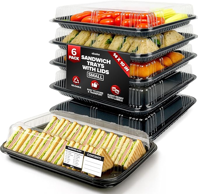 6 Pack Catering Trays with Lids – 13" Serving Tray with Lid, Heavy Duty Recyclable Plastic Party Platters for Catering, Buffet, Picnics & Events – Food Trays with Clear Lid (13.39 × 9.84 × 2.95 inch)