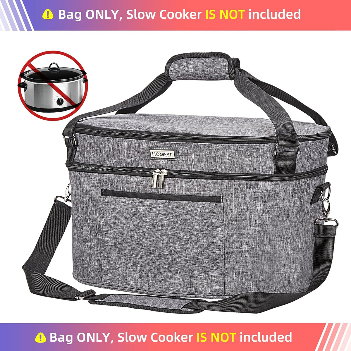 HOMEST Slow Cooker Bag for Crock-Pot 6-8 Quart, Insulated Travel Carrier with Easy to Clean Lining, Carry Case with Top Zip Compartment and Accessory Pocket
