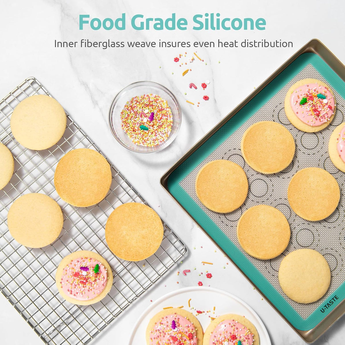446ºF Heat Resistant Macaron Mat: U-Taste 11x11in Non Stick Silicone Baking Mat, Reusable Cookies Pastry Sheet Liner with Edge Enhancement & Circle Measurement for Square Cake Pan (Aqua Sky)