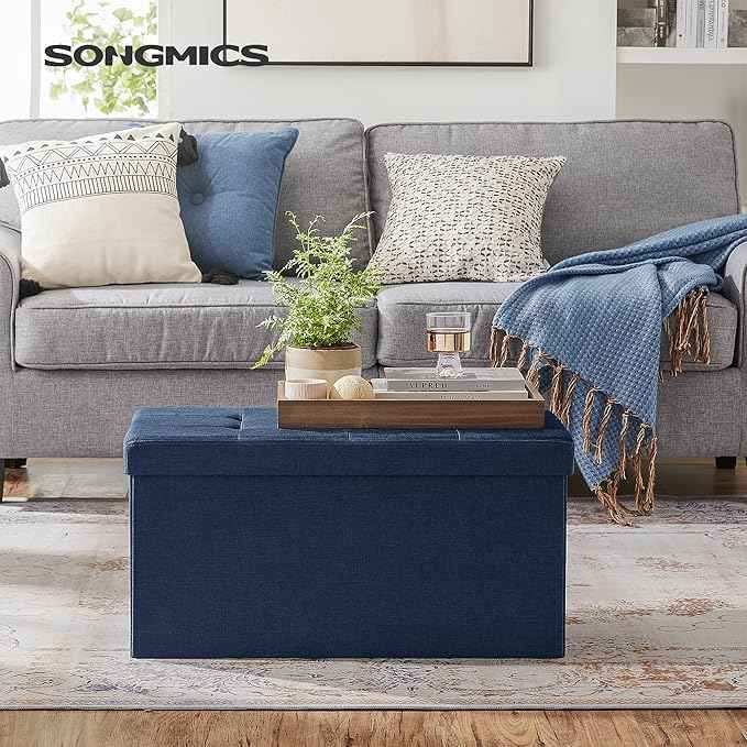 SONGMICS MAZIE Collection - 30 Inches Folding Storage Ottoman Bench, Ottoman Foot Rest, End of Bed Bench, Storage Chest, Load 660 lb, for Living Room, Bedroom, Entryway, Midnight Blue ULSF47IN