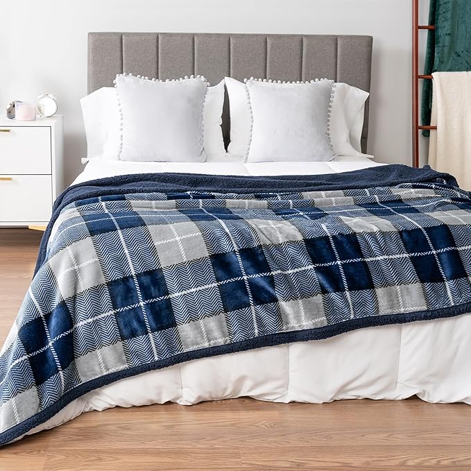 Pavilia Blue Navy Plaid Sherpa Throw Blanket for Couch, Plush Flannel Fleece, Soft Fuzzy Cabin for Sofa Bed, Warm Cozy Winter Gift, 50x60