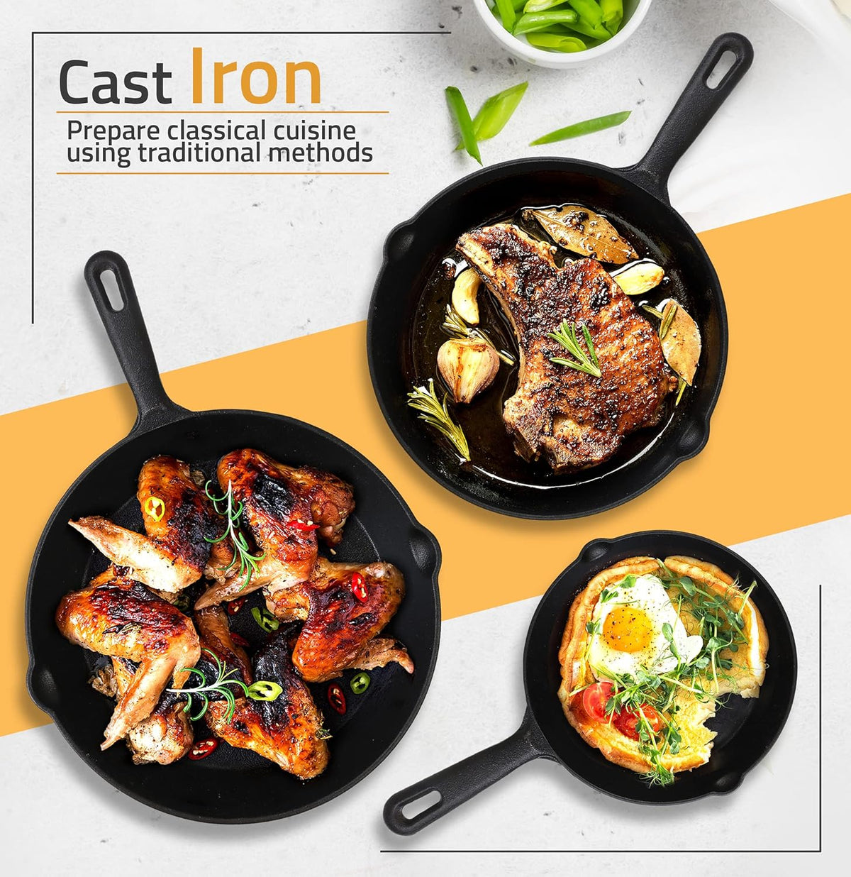 Utopia Kitchen Cast iron Skillets 3 Piece Set, Chefs Pan, Pre Seasoned Cast iron Skillets, 6, 8 & 10 Inches, Easy Use in the Oven, Stove, Grill, or Campfire, Black