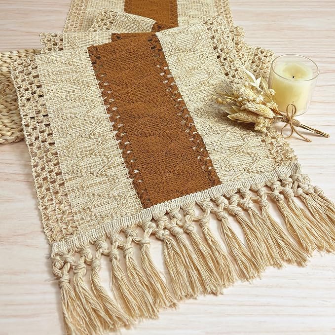 FEXIA Boho Table Runner 72 Inches Long Thanksgiving Decor Macrame Table Runner Farmhouse Style with Tassels for Party Bohemian Rustic Wedding Bridal Shower Dining Decor Middle Brown (12x72 Inches)