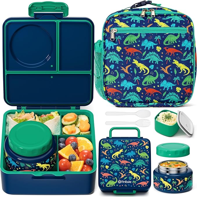 Fimibuke Bento lunch Box Set for Kids Adult with 8oz Thermos Food Jar, Insulated Lunch Bag &Sauce Cup, Leakproof Dishwasher Safe Toddler Lunch Food Container with 3-4 Compartment for School Girls Boys