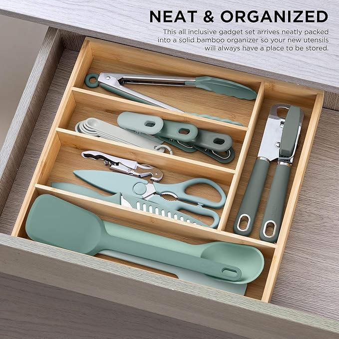 COOK WITH COLOR Bamboo Kitchen Utensil Set with Drawer Organizer | Cooking Tools and Storage Caddy, Sage, 18 Piece Gadget Set