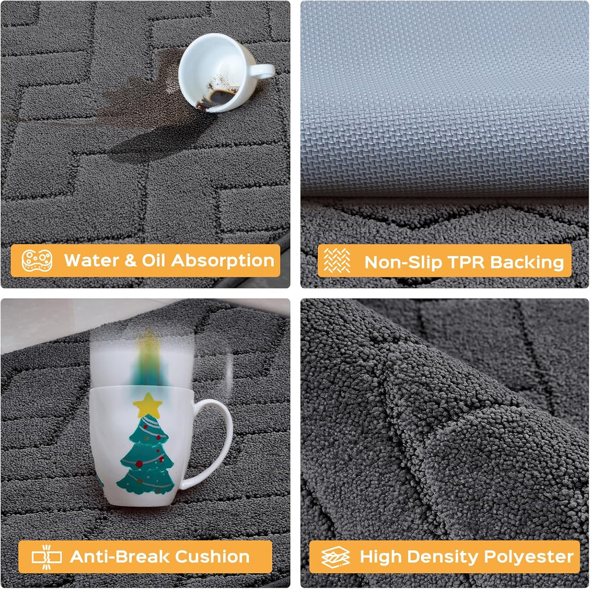 Machine Washable Kitchen Rugs 24" x 70", Non-Slip Kitchen Runner Rugs Mats for Floor, Absorbent Comfort Standing Mats for Kitchen, Sink, Laundry and Hallway, Rolled Packaging, Charcoal