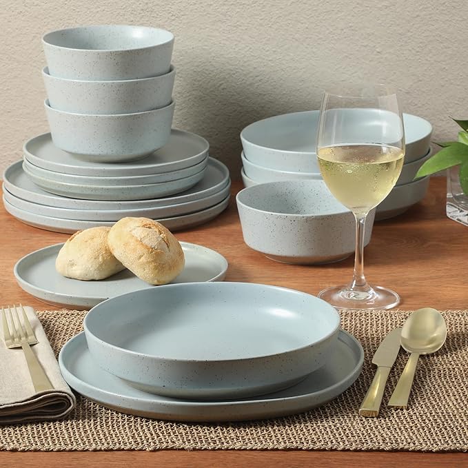 Gibson Elite Overbrook 16-Piece Pottery Clay Stoneware Dinnerware Set – Light Blue Reactive Glaze, Stackable Plates and Bowls w/Pasta Bowl, Service for 4 – Microwave & Dishwasher Safe