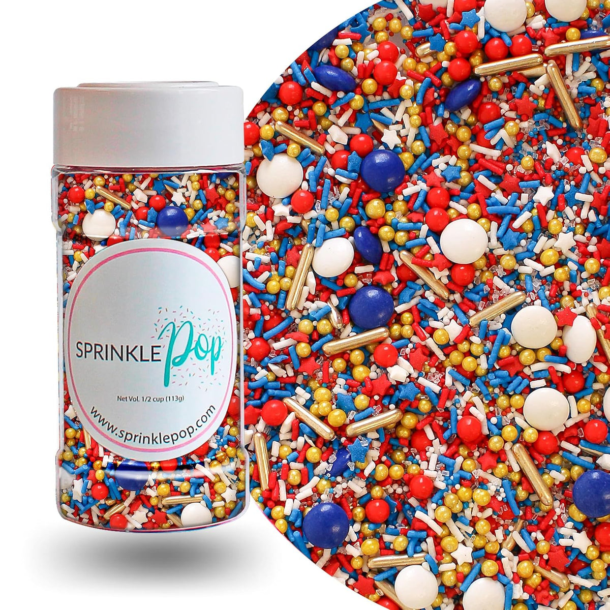Sprinkle Pop Old Glory Sprinkle Mix| Red White Blue Sprinkles with Gold Metallics| Decorating Patriotic Sprinkles Made in USA for 4th of July Independence Day Cakes Cupcakes Donuts Cookies, 4oz