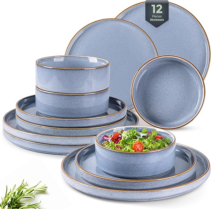 GBHOME Ceramic Dinnerware Sets for 4, 12 Pieces Stoneware Plates and Bowls Sets, Reactive Glaze Dishes -Scratch Resistant, Dishwasher&Microwave Safe-Brunnera Blue