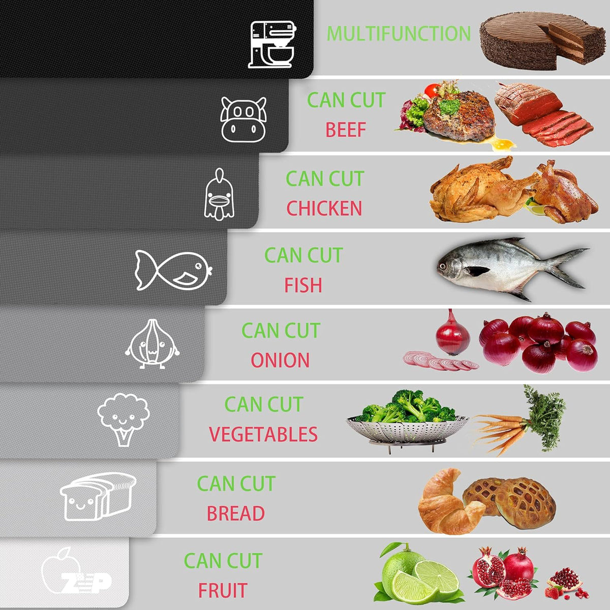 ZVP Plastic Cutting Boards for Kitchen, Flexible Cutting Mats, Gradient Gray Chopping Boards with Food Icon, Non-Slip, Non Porous, BPA Free, Dishwasher Safe