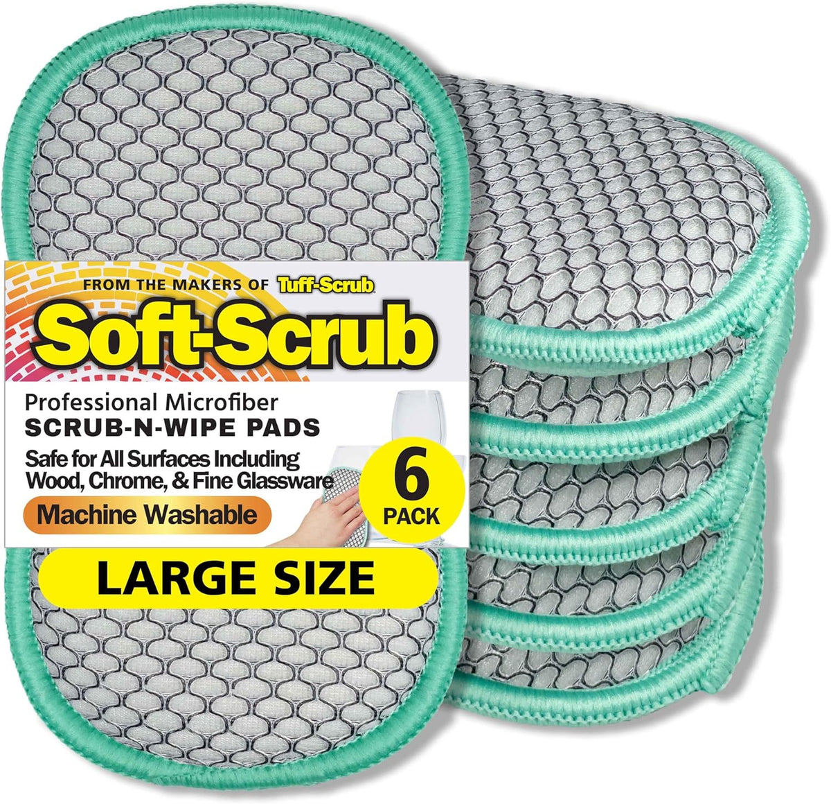 Soft-Scrub by Tuff-Scrub Scrub-N-Wipe Pad, Large, 6-Pack, Microfiber, Multi-Surface, Non-Scratch, Dual-Sided, Scrubber for Dishes, Sinks, Non-Stick Cookware, Machine Washable, Kitchen Sponge