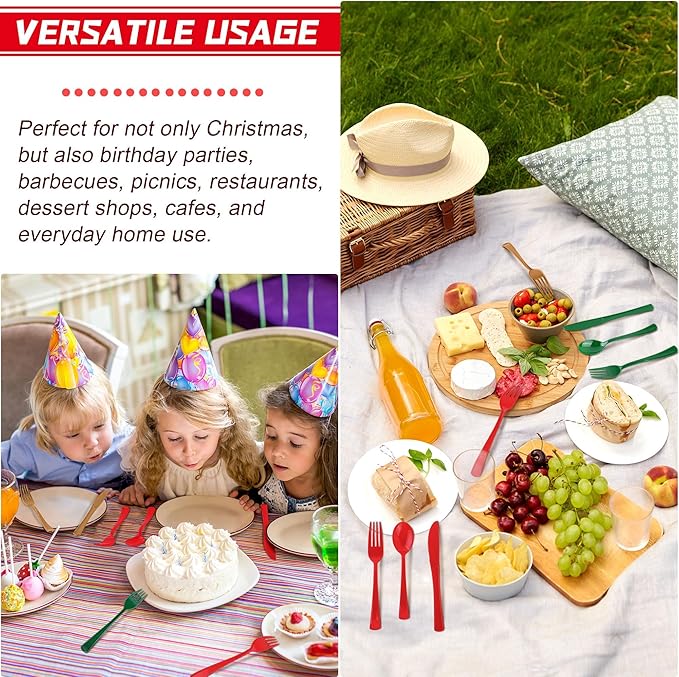 300 Pieces Christmas Plastic Silverware Heavy Duty Plastic Cutlery Set Heavyweight Disposable Flatware Includes Christmas Spoons Forks Knifes for Christmas New Year Party