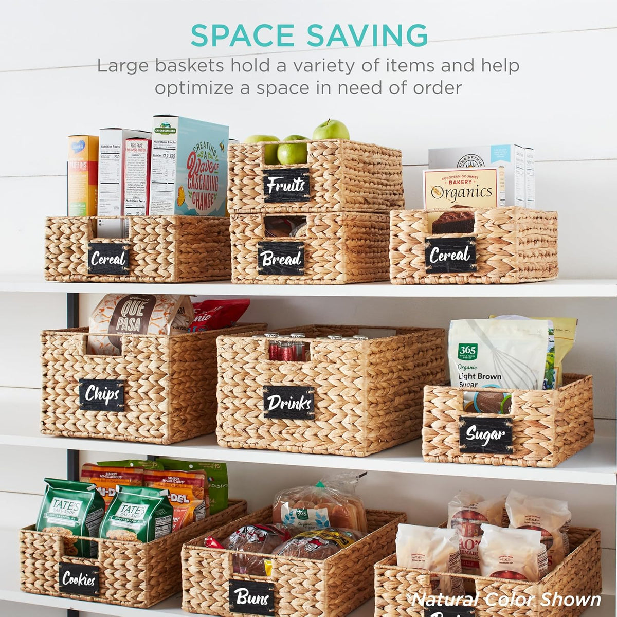 Best Choice Products Pantry Baskets Set of 2 16x12in Water Hyacinth Storage Baskets, Woven Wicker Kitchen Organizers with handles w/Chalkboard Label Chalk Marker - Chestnut