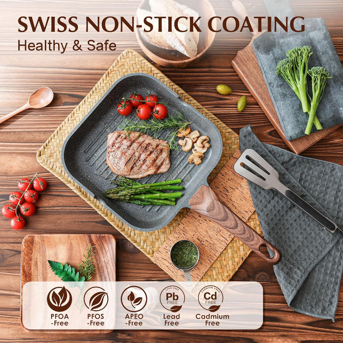 SENSARTE Nonstick Grill Pan for Stove Tops, Versatile Griddle with Pour Spouts, Square Big Cooking Surface, Durable Skillet Indoor & Outdoor Grilling. PFOA Free,12Inch