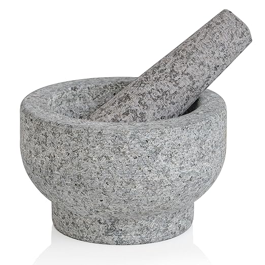 Maxam Grey Mortar and Pestle Set - 5 Inch - 1 Cup Capacity - Heavy Granite for Grinding Spices, Herbs and Avocado Masher for Guacamole and Pesto