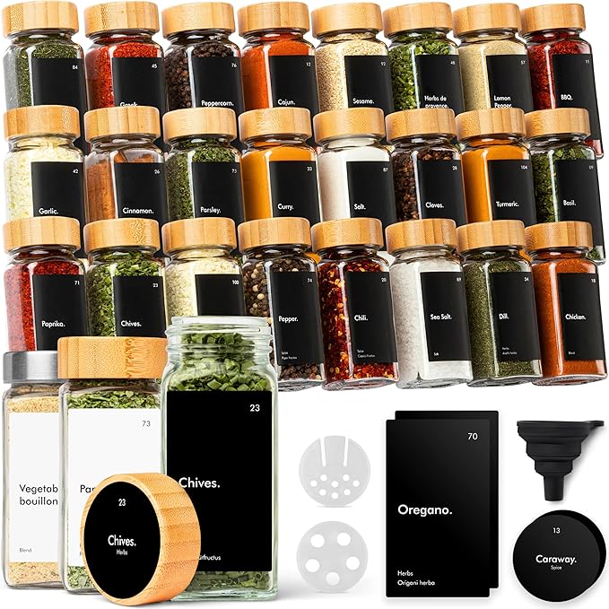 KIVY Spice Jars with Labels [24x 4oz] Glass Seasoning Containers with Airtight Lids for Organization - Empty Square Bottles for Spices & Seasonings with Shaker Lids - Spice Containers Wood Bamboo