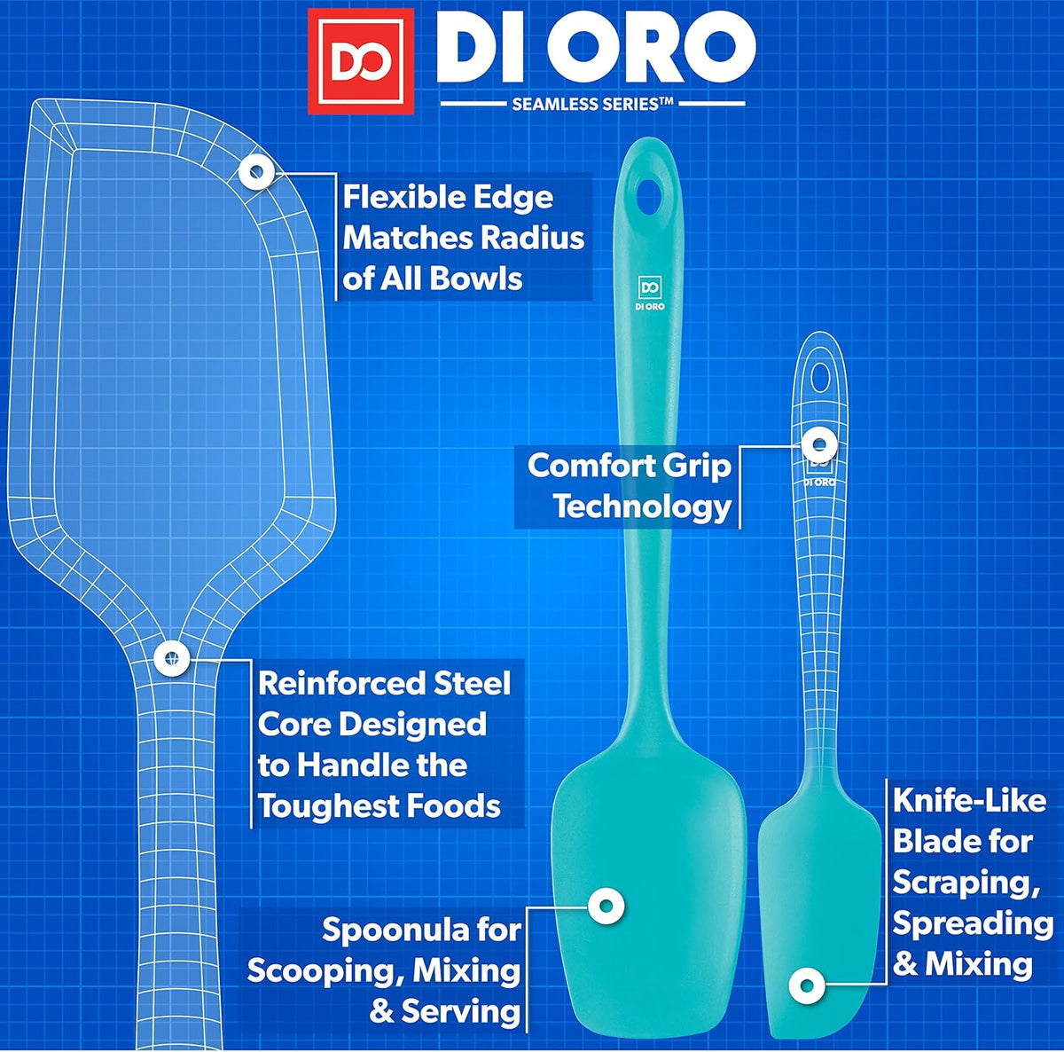 DI ORO Silicone Spatula Set - Rubber Kitchen Spatulas for Baking, Cooking, & Mixing - 600°F Heat-Resistant & BPA Free Silicone Scraper Spatulas for Nonstick Cookware - Dishwasher Safe (3pc, Teal)