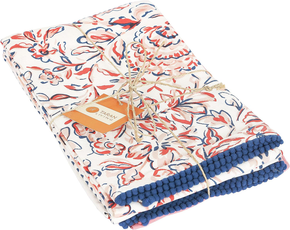 Printed Kitchen Dish Bar and Tea Towels Cotton, 18x28 inch with Trims, Cotton Dish Towel Sets (White & Peach, Set of 4)