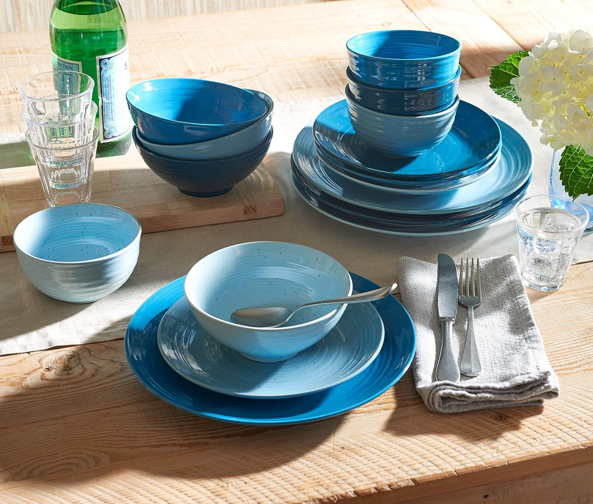 Sango Siterra Artist's Blend 16-Piece Stoneware Dinnerware Set – Service for 4, Ocean Blue Glossy Glaze with Unique Speckled Design, for Everyday Dining & Entertainment, Microwave & Dishwasher Safe