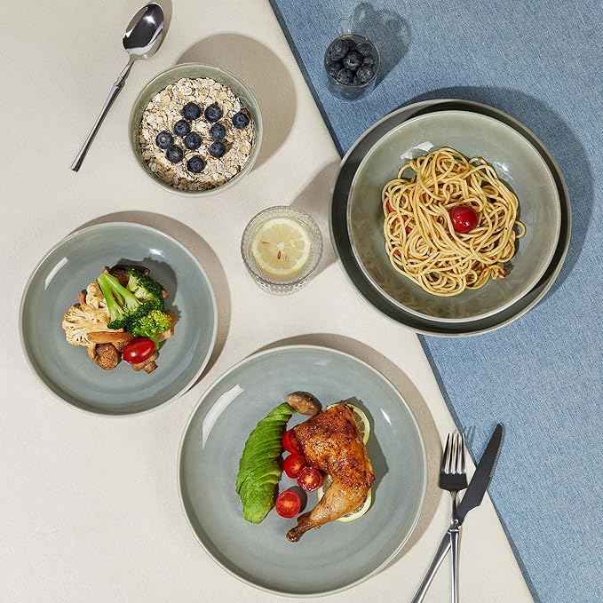 32 Piece Double Bowl Dinnerware Sets with Pasta Bowls, Highly Chip and Crack Resistant Plates and Bowls Sets, Natural Earthyware Ceramic Dishware Sets, Service for 8 Gradient Green