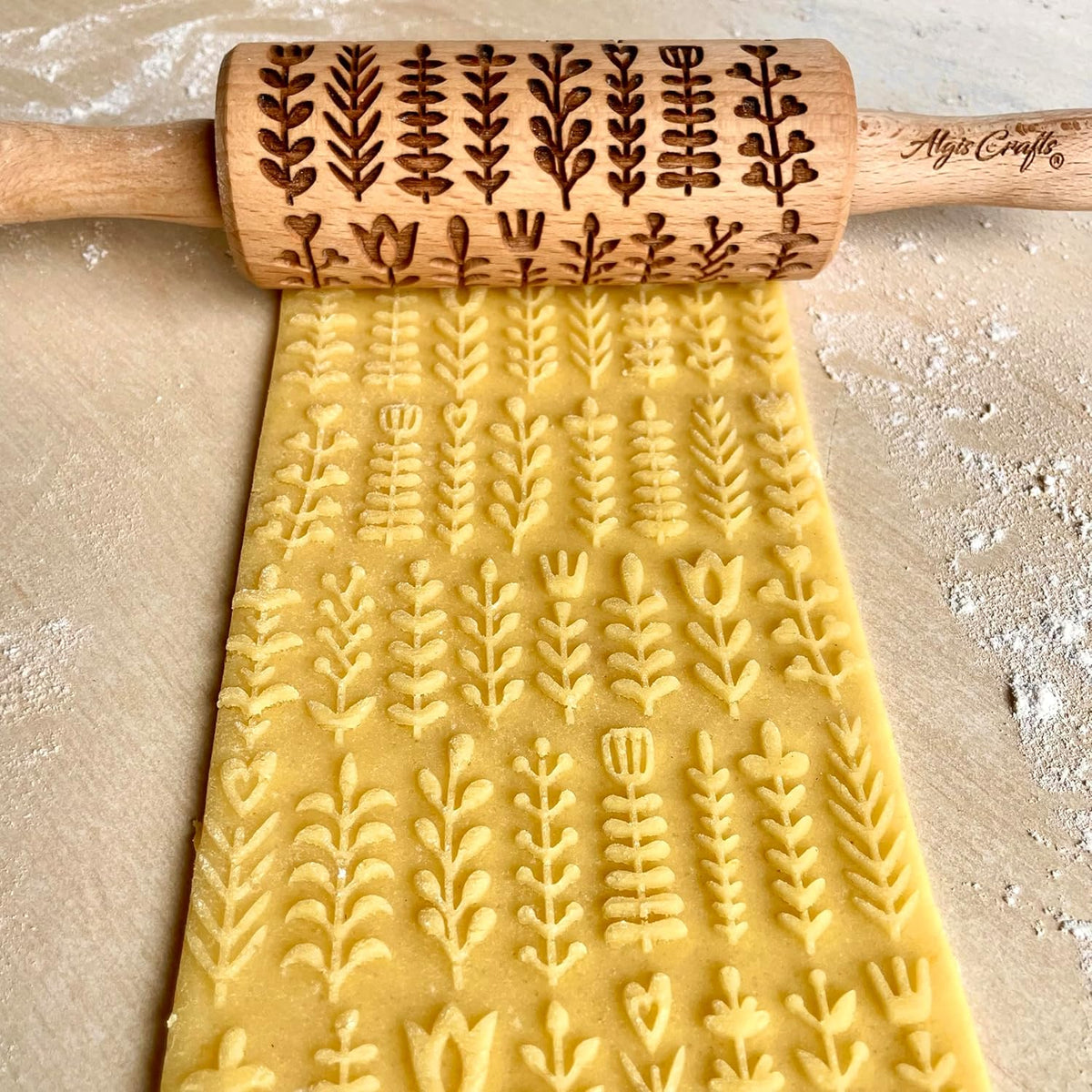 GARDEN BLOSSOMS 3 Small Size Embossed Rolling Pin Set. Wooden Laser Engraved Embossing Dough Roller for Embossed Cookies Gift for Birthday, Easter by Algis Crafts