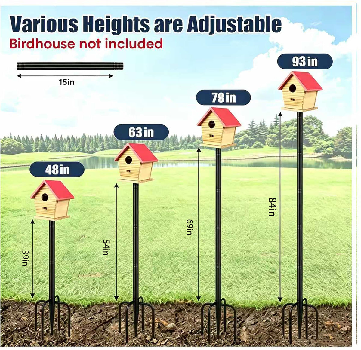 Smart Bird Feeder Pole Stand, 93 Inch Bird House Pole for Outdoors Heavy Duty Adjustable Mounting Pole for Smart Bird Feeder with 1 Inch Dia Bird Feeder Post Weather Station, Black