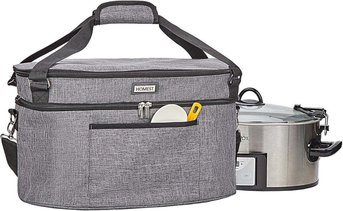 HOMEST Slow Cooker Bag for Crock-Pot 6-8 Quart, Insulated Travel Carrier with Easy to Clean Lining, Carry Case with Top Zip Compartment and Accessory Pocket