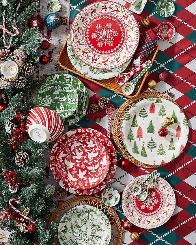 Christmas Pasta Bowl Set, 8 Inch Salad Serving Bowl, Wide and Shallow Bowl Plate for Kitchen, Dishwasher and Microwave Safe, Set of 6