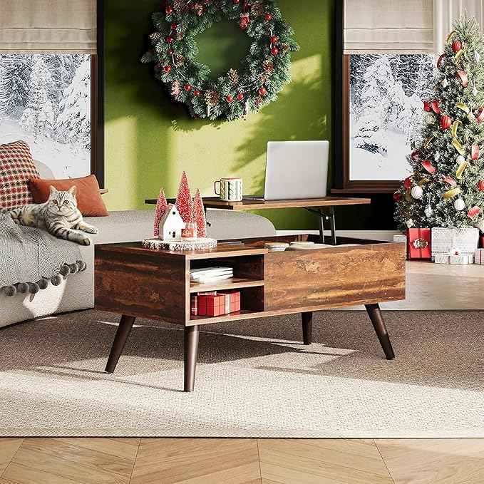 WLIVE Lift Top Coffee Table for Living Room,Small Coffee Table with Storage, Adjustable Shelf and Storage Compartment, Mid Century Modern Living Room Table, Wood, Rustic Brown