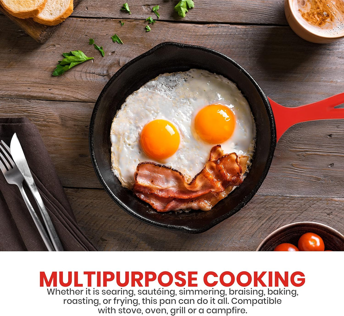 Utopia Kitchen Saute Frying Pan 6.5 Inch, Cast Iron Chefs Pan, Pre Seasoned Cast iron Skillet, Safe Grill Cookware for Indoor & Outdoor Use, Red