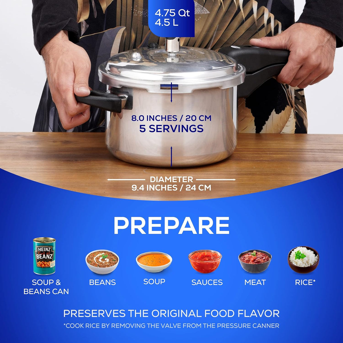 Universal (4.75 Quart / 4.5 Liter) Anti-Rust Ultra Pressure Cooker, Aluminum Pressure Cooker for 5 Servings, Even Heat Distribution, Diameter 9.4 inches, Height 8 inches