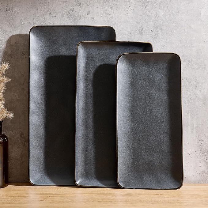Famiware Serving Platter, Rectangular 15.67/14.1/12.6inch Serving Dishes for Entertaining, Dishwasher Safe, Stoneware Serving Trays for Party, Food, Turkey, Cheese, Reactive Glaze, Matte Dark Charcoal