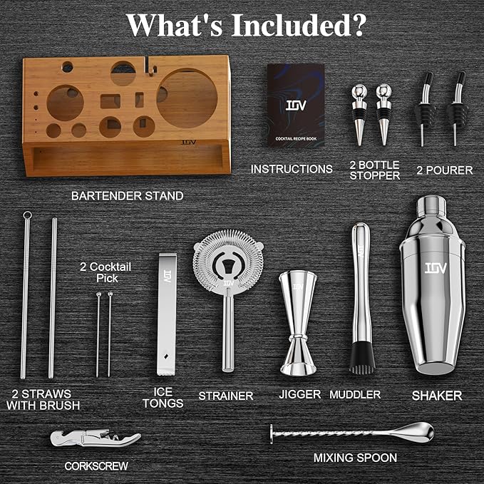 IOV Cocktail Shaker Set Bartender Kit with Stand | Bar Set Drink Mixer Set Includes Martini Shaker, Jigger, Strainer, Mixing Spoon, Muddler, Recipe Book | Home Bar Accessories Gift Set (Silver)